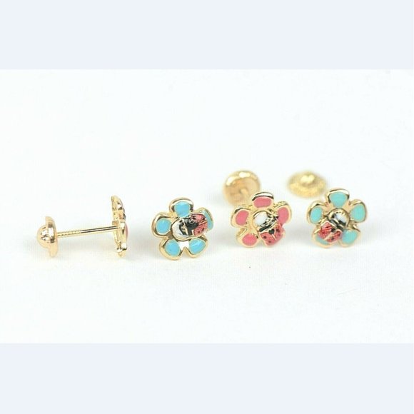 Solid 14k Yellow Gold Baby Enamel Flower with Ladybug Screw Back Earrings
